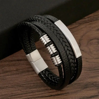 Bracelet en Cuir Tissé Main Multi-Couches pour Homme - Combinaison Classique Punk