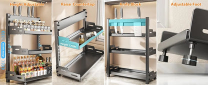 Porte-Épices 3 Niveaux en Métal avec Porte-Couteaux - Organisateur de Comptoir Ajustable Noir