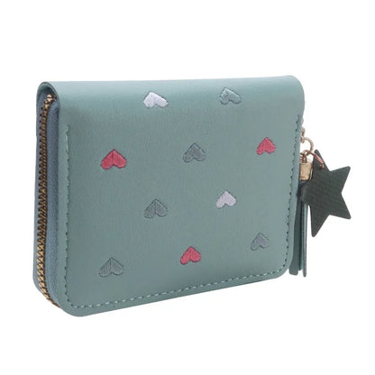 Portefeuille Femme Mini Court Pompon Zippé - Porte-Monnaie Cuir PU Cute Porte-Carte Main Vert