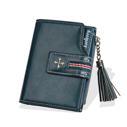 Portefeuille Femme Cuir Ciré Glands - Porte-Monnaie Tri-Fold Multi-Fentes Fermeture Éclair