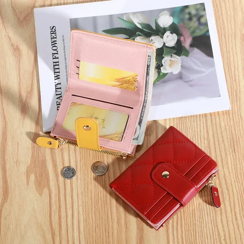 Portefeuille Femme Cuir Petit Sac Zip - Porte-Cartes Porte-Monnaie Rose Noir Rouge