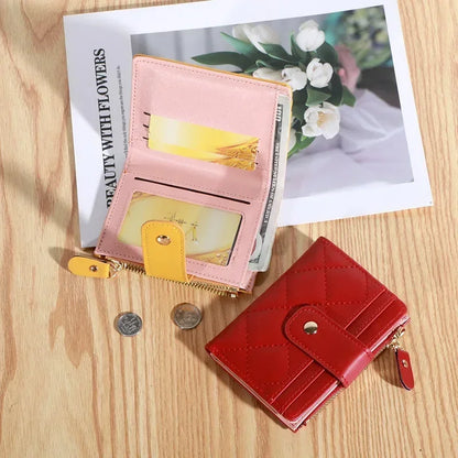 Portefeuille Femme Cuir Petit Sac Zip - Porte-Cartes Porte-Monnaie Rose Noir Rouge