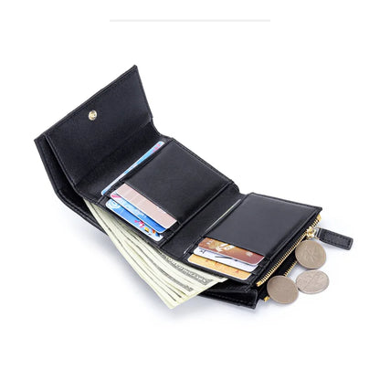 Portefeuille Femme Court Cuir Véritable Peau Mouton Tressé - Porte-Monnaie Trifold Zippé Grande Capacité Noir