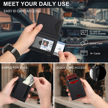 Portefeuille Homme Cuir Noir Slim Bifold RFID - Porte-Carte Pop-Up Métal Blocage Anti-RFID Minimaliste
