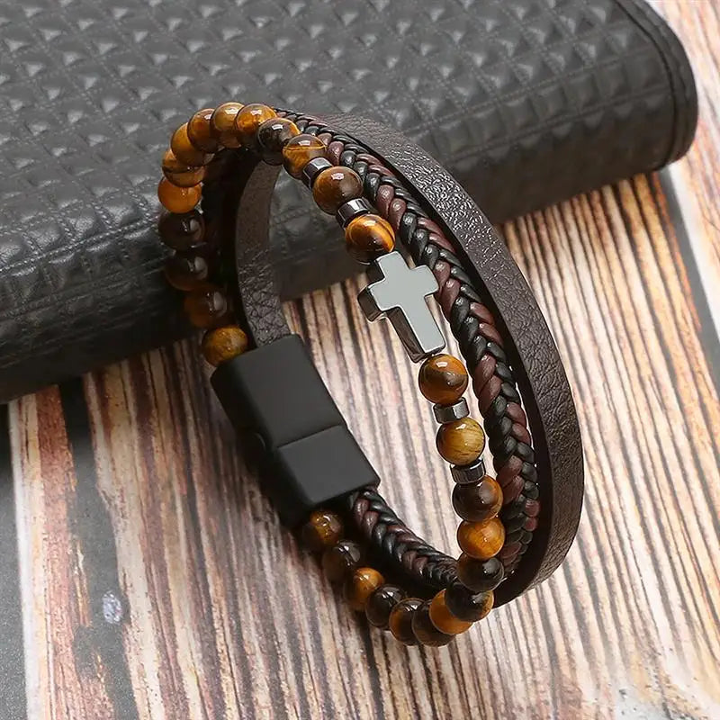 Bracelet en Cuir Tissé Main Multi-Couches pour Homme - Combinaison Classique Punk