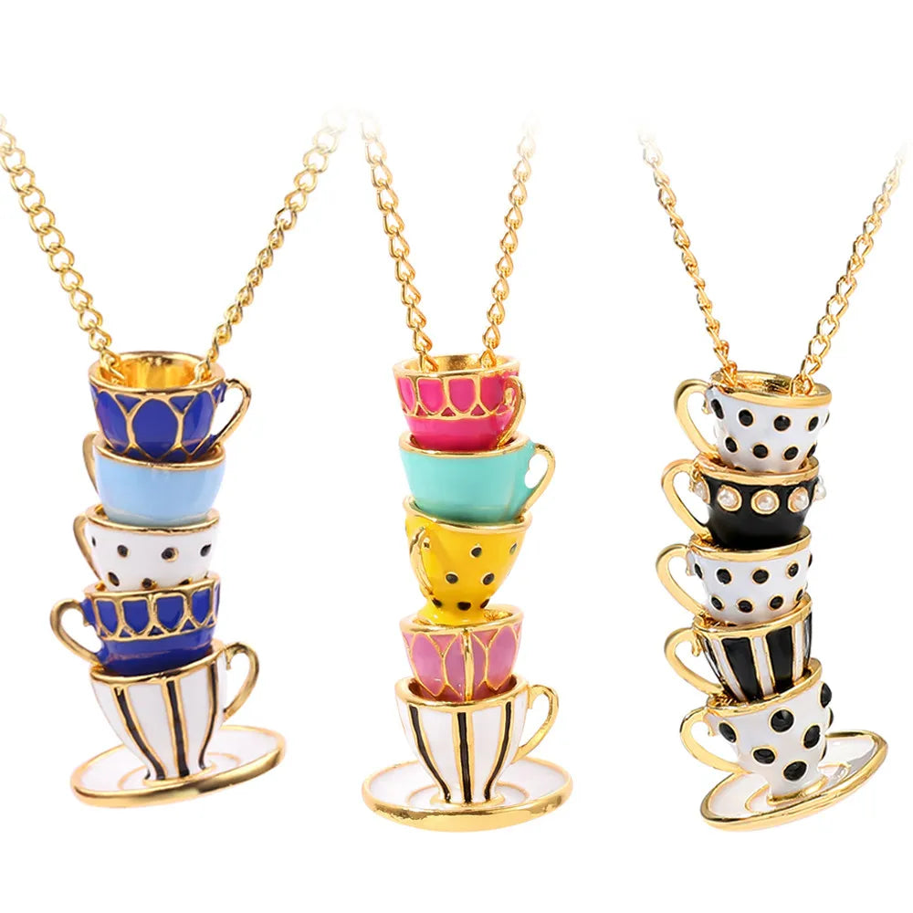 Collier Pendentif Tasse Thé Émail Fait Main - Chaîne Longue Pull Bohème