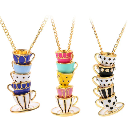 Collier Pendentif Tasse Thé Émail Fait Main - Chaîne Longue Pull Bohème