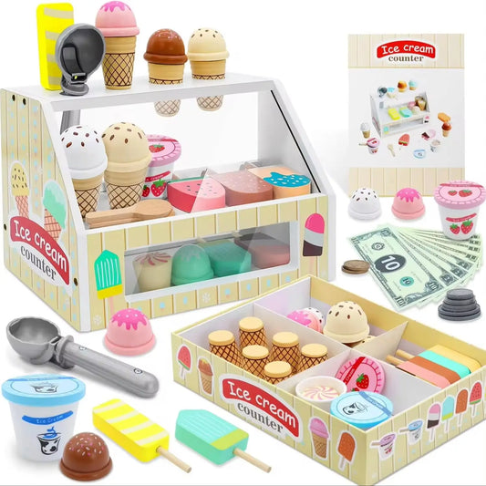 Comptoir de Crème Glacée en Bois - Jouet Montessori 40+ Pièces avec Monnaie pour Enfants 3-6 Ans