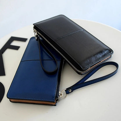 Portefeuille Clutch Femme Vintage Cuir Ciré PU - Grande Capacité avec Bracelet