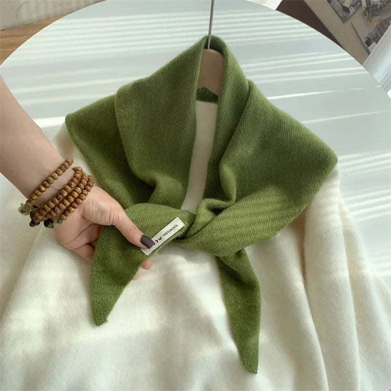Foulard Triangle Laine Niche Britannique Coréen Vert - Écharpe Tricotée Multifonction Femme