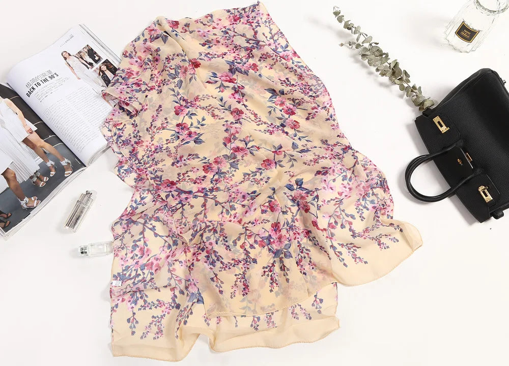 Foulard Écharpe Mousseline Fleur Prunier Femme - Bandana Châle Été Protection Solaire Plage