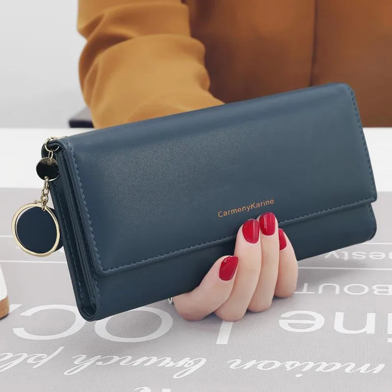 Portefeuille Femme Long Cuir PU Bleu Marine - Porte-Cartes Multifonction Pliable Clutch