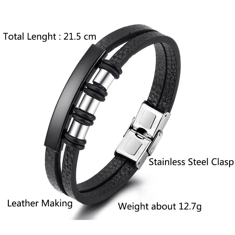 Bracelet Enroulé en Cuir pour Homme avec Charm en Acier Inoxydable