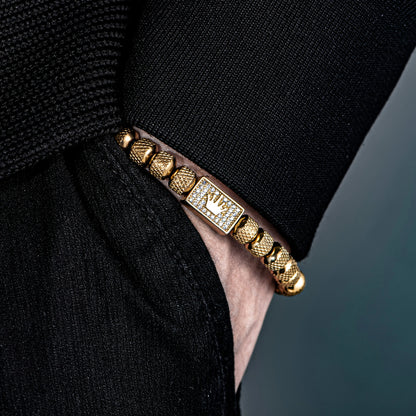 Bracelet Tressé Perle Couronne Micro-Serti – Acier Inoxydable Hommes Ajustable