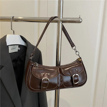 Sac Épaule Femme Cuir PU Y2K Vintage - Petit Sac Aisselle Double Poche Design Fashion Clutch Purse