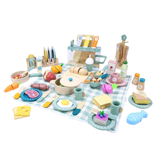 Vaisselle et Aliments Jouet en Bois - Set Éducatif Préscolaire pour Jeu de Rôle 3-6 Ans