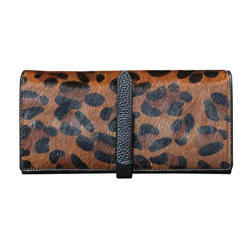 Portefeuille Femme Cuir Véritable Léopard Noir - Clutch Luxe Designer Long 2026