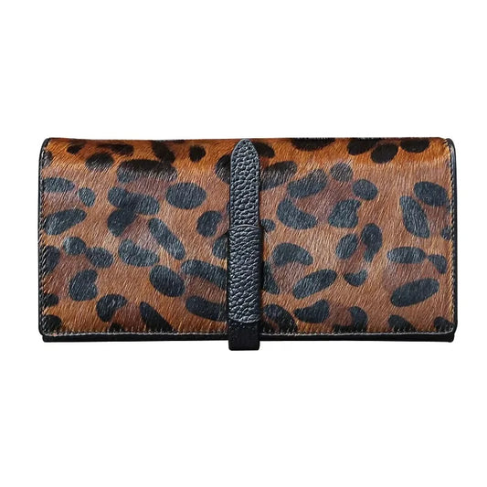 Women's Genuine Leather Wallet in Black Leopard Print - Luxury Designer Clutch Long 2026