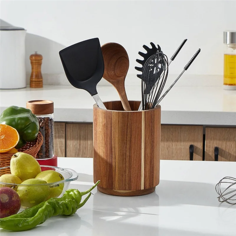 Pot à Ustensiles de Cuisine en Bois d'Acacia Rotatif 360° - Style Farmhouse