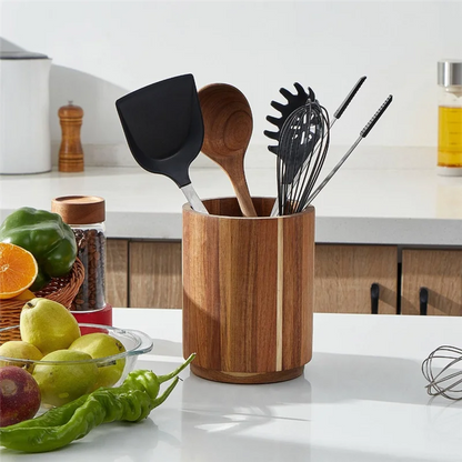 Pot à Ustensiles de Cuisine en Bois d'Acacia Rotatif 360° - Style Farmhouse