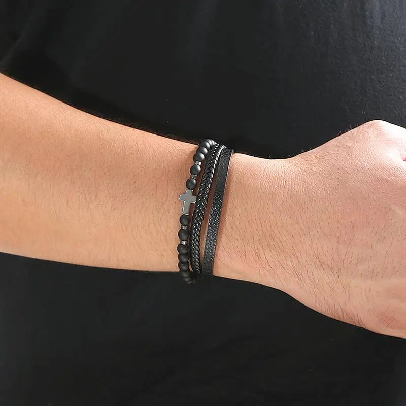 Bracelet Cuir Tressé Multicouche Punk – Boucle Magnétique Croix Homme