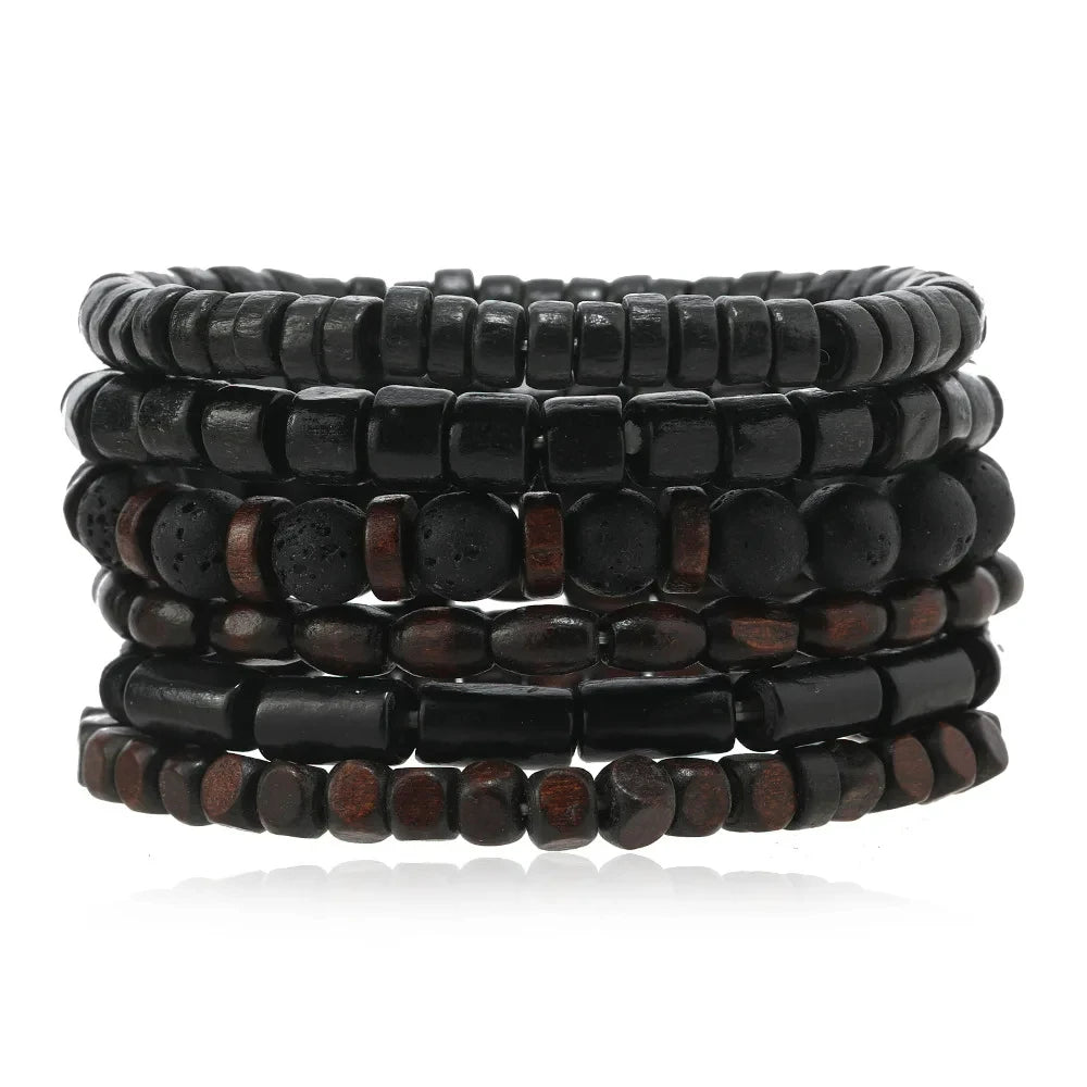 Bracelet Bohème Cuir & Perles Bois Homme – Tressé Main, 26 Coloris