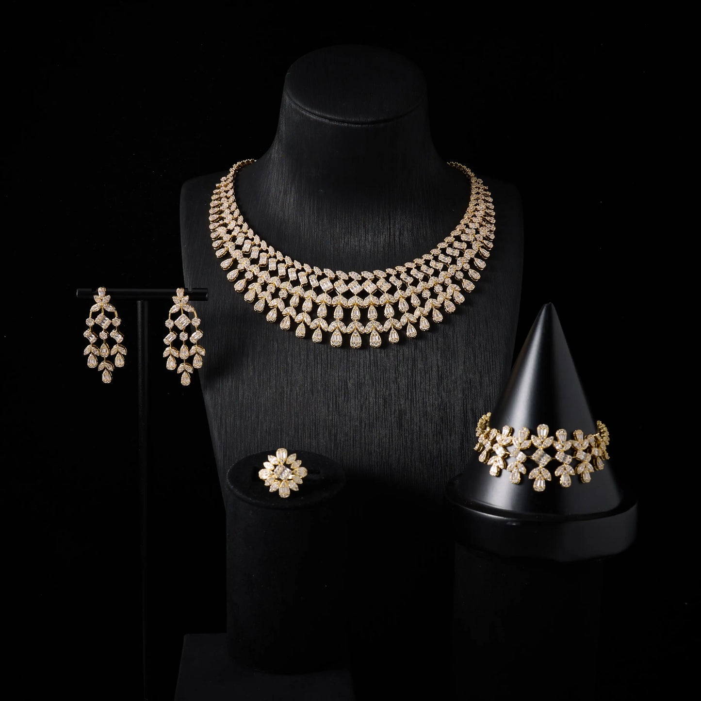 Parure Mariée Complète Zircon Cubique – Collier Boucles Bracelet Bague