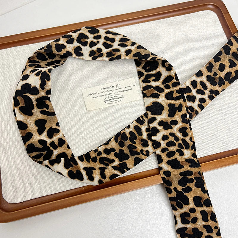 Foulard Ruban Soie Imprimé Léopard Femme - Bandeau Sac Neckerchief Skinny Luxe Mode