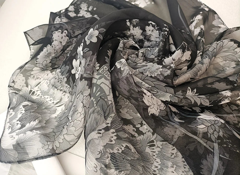 Foulard Écharpe Mousseline Georgette Femme Fleur Prune - Bandana Été Léger Respirant