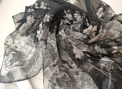Foulard Écharpe Mousseline Georgette Femme Fleur Prune - Bandana Été Léger Respirant