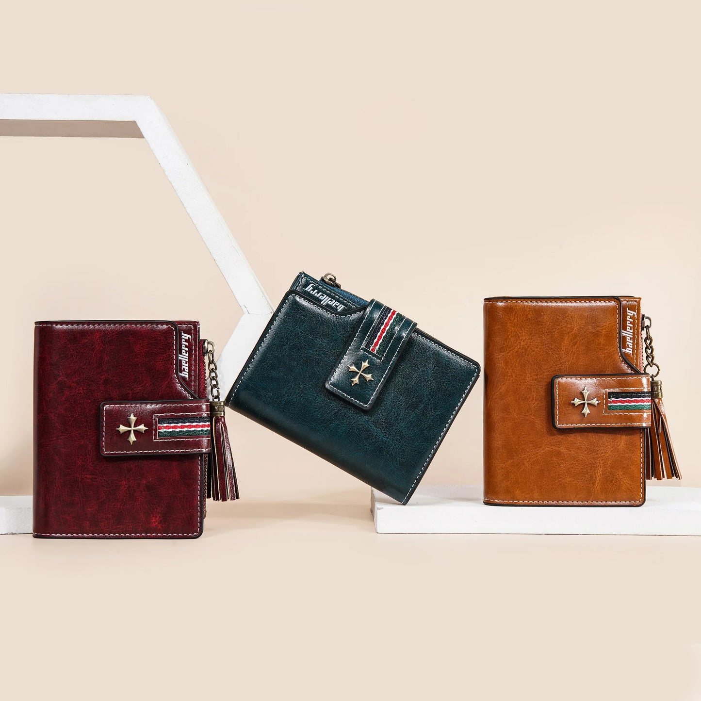Portefeuille Femme Cuir Ciré Glands - Porte-Monnaie Tri-Fold Multi-Fentes Fermeture Éclair