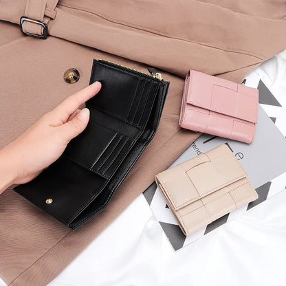 Portefeuille Femme Court Cuir Véritable Peau Mouton Tressé - Porte-Monnaie Trifold Zippé Grande Capacité Noir