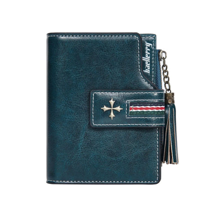 Portefeuille Femme Cuir Ciré Glands - Porte-Monnaie Tri-Fold Multi-Fentes Fermeture Éclair
