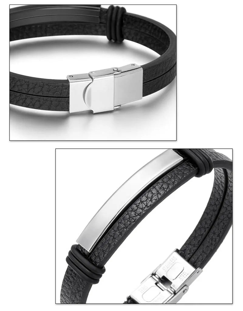 Bracelet Enroulé en Cuir pour Homme avec Charm en Acier Inoxydable