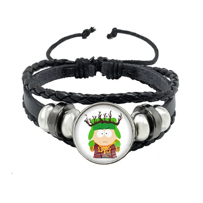 Bracelet South Park Cabochon Verre – Cuir Multicouche Tressé Fait Main Unisexe