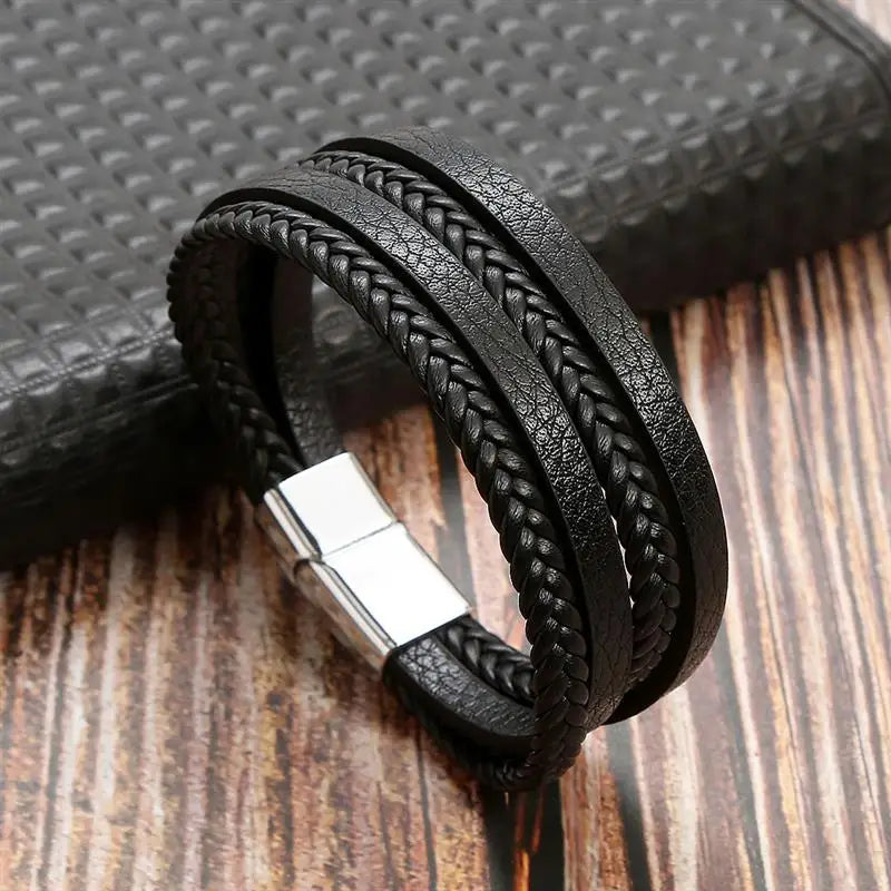 Bracelet en Cuir Tissé Main Multi-Couches pour Homme - Combinaison Classique Punk