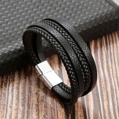 Bracelet en Cuir Tissé Main Multi-Couches pour Homme - Combinaison Classique Punk