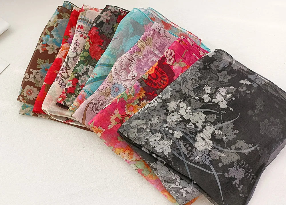 Foulard Écharpe Mousseline Georgette Femme Fleur Prune - Bandana Été Léger Respirant