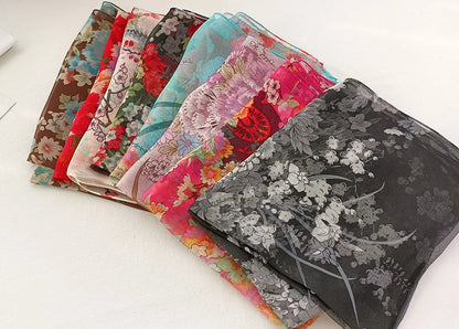 Foulard Écharpe Mousseline Georgette Femme Fleur Prune - Bandana Été Léger Respirant