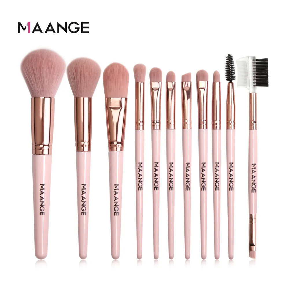 Set Pinceaux Maquillage MAANGE 12pcs Rose - Poudre Fard Paupières Eyeliner Sourcils Pro