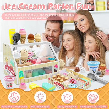 Comptoir de Crème Glacée en Bois - Jouet Montessori 40+ Pièces avec Monnaie pour Enfants 3-6 Ans