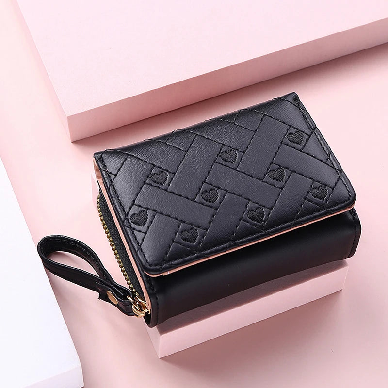 Portefeuille Femme Tri-Fold Cuir PU Brodé - Porte-Cartes Court Motif Cœur Minimaliste