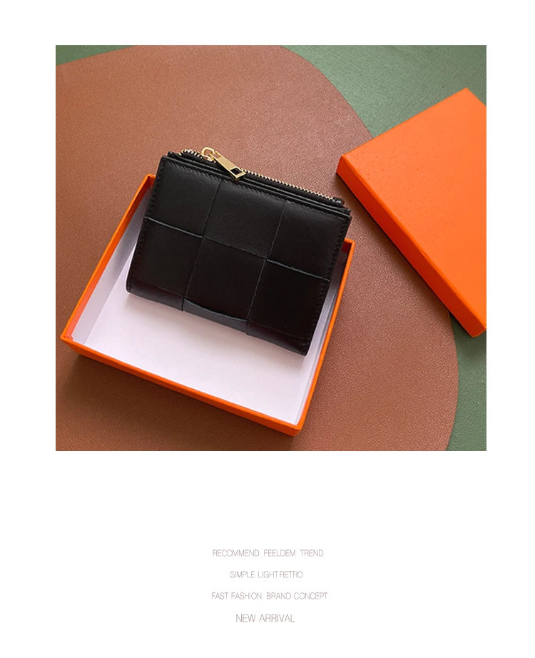 Portefeuille Femme Cuir Tressé - Porte-Monnaie Bifold Multi-Cartes Compact
