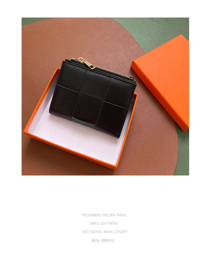 Portefeuille Femme Cuir Tressé - Porte-Monnaie Bifold Multi-Cartes Compact