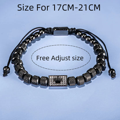 Bracelet Tressé Perle Couronne Micro-Serti – Acier Inoxydable Hommes Ajustable