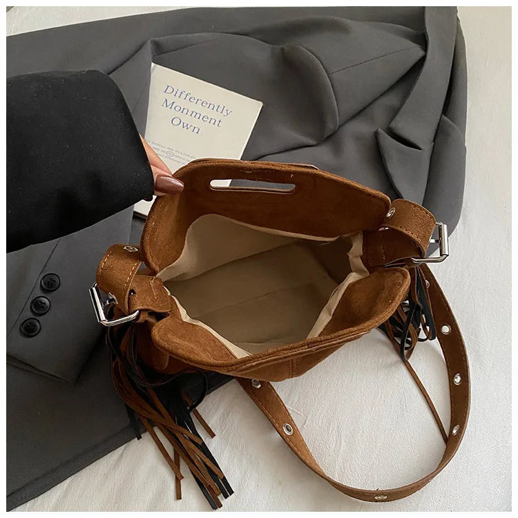 Sac à Main Femme Daim Vintage Style Français - Sac Bandoulière Épaule Glands Café
