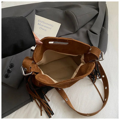 Sac à Main Femme Daim Vintage Style Français - Sac Bandoulière Épaule Glands Café
