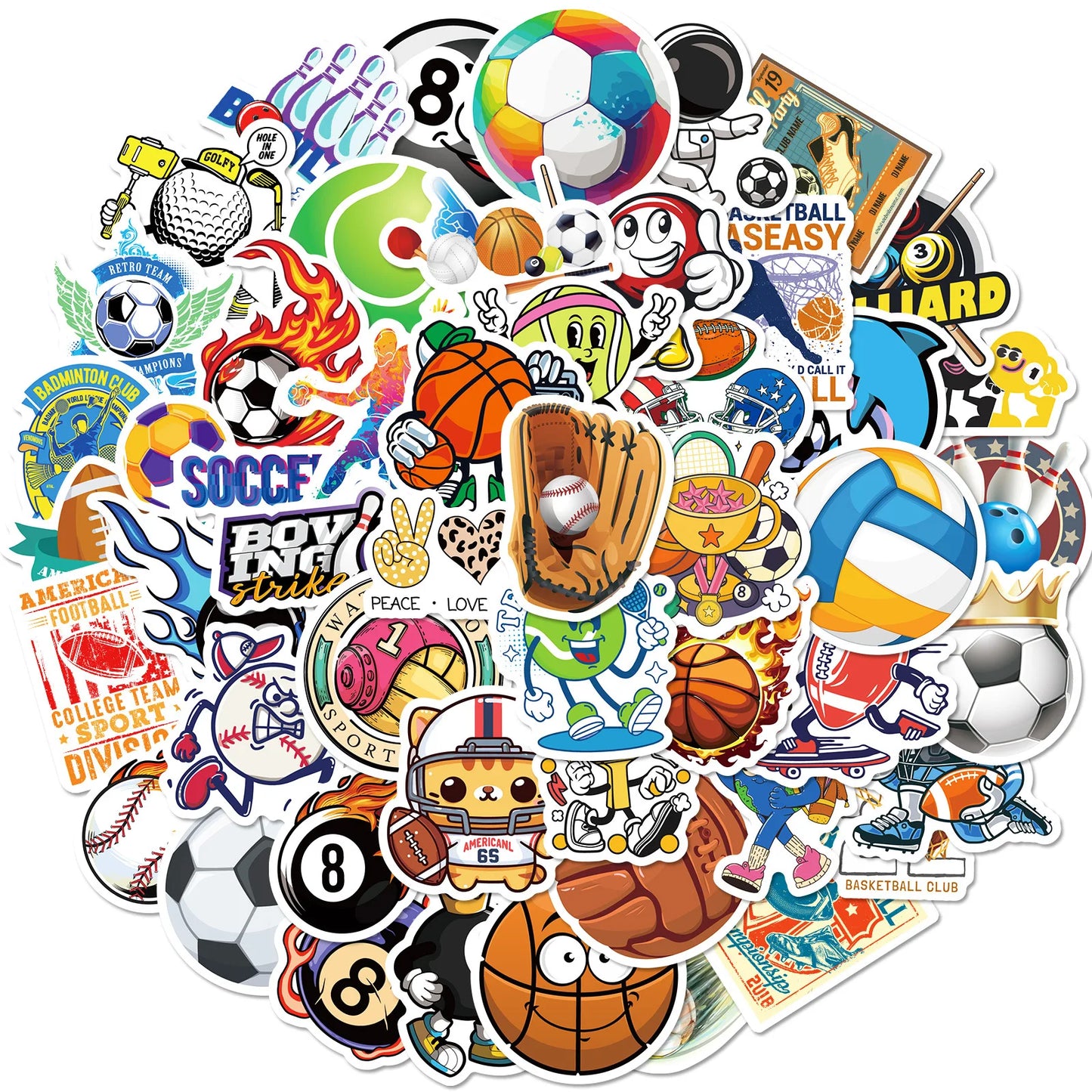 Autocollants Sports 50 Pièces - Soccer Basketball Volleyball Golf