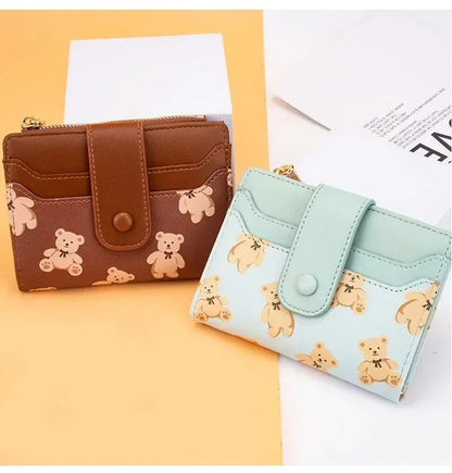 Portefeuille Femme Court Ourson Mignon - Bifold Cuir PU Porte-Cartes Zipper Bleu