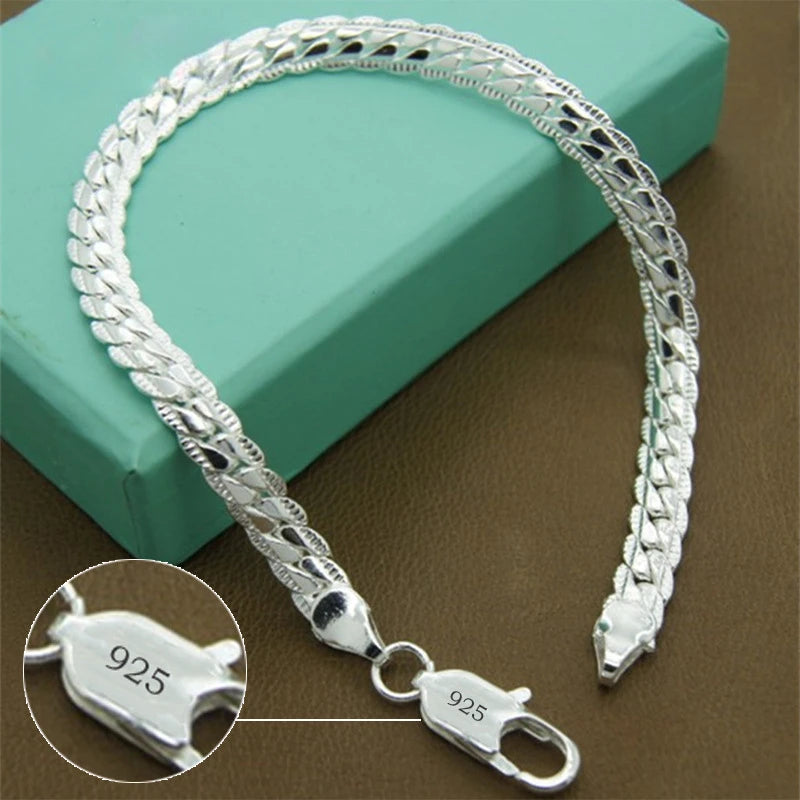 Bracelet Chaîne Plate Argent Sterling 925 6mm - Fermoir Homard 18-20cm Femme Homme Mariage